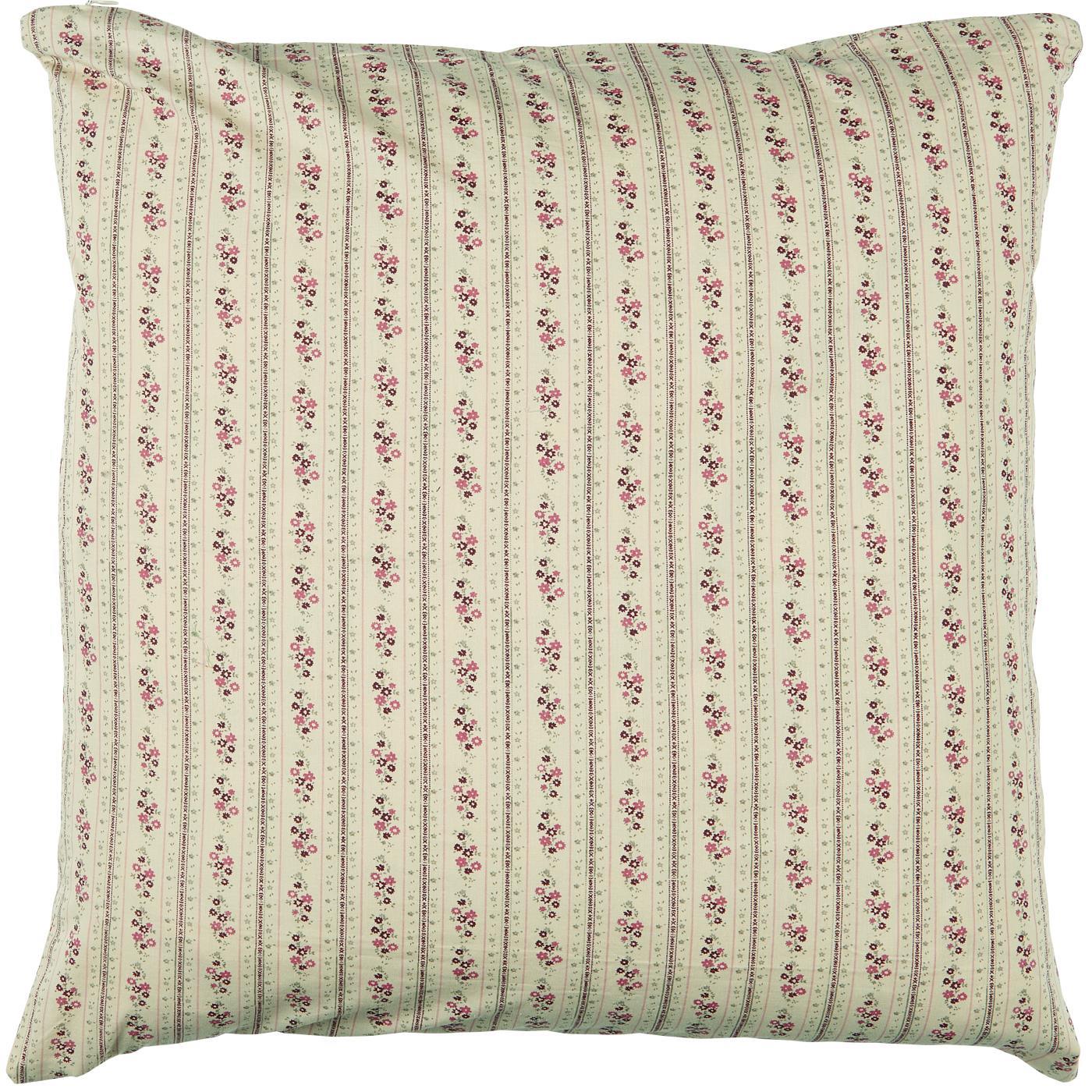 L'image présente un coussin au motif floral traditionnel, avec de petites fleurs roses alignées en bandes verticales sur un fond beige ou crème. Ce motif classique apporte une touche vintage et romantique, rappelant le style provençal ou champêtre. Le design est délicat et sobre, idéal pour ajouter une note douce et féminine à une pièce. Ce type de coussin pourrait très bien s'intégrer dans une décoration intérieure inspirée par la campagne ou le style shabby chic, apportant à la fois confort et esthétique.