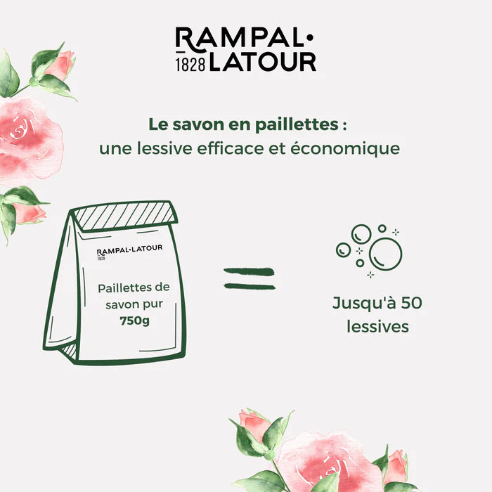 Une illustration mettant en avant un paquet de 'paillettes de savon pur' de Rampal Latour, affichant le texte 'Le savon en paillettes : une lessive efficace et économique'. Le paquet est accompagné de graphiques montrant qu'un sachet de 750 g équivaut à jusqu'à 50 lessives, avec des roses dessinées en bas de l'image pour embellir la composition.