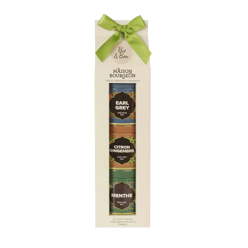 Coffret cadeau "Bio & Bon" de la Maison Bourgeon, présenté avec un ruban vert. Le coffret contient trois boîtes de thé bio : Earl Grey (thé noir), Citron Gingembre (thé vert), et Menthe (thé vert). Un élégant assortiment pour offrir une variété de saveurs classiques et rafraîchissantes, parfait pour les amateurs de thé.