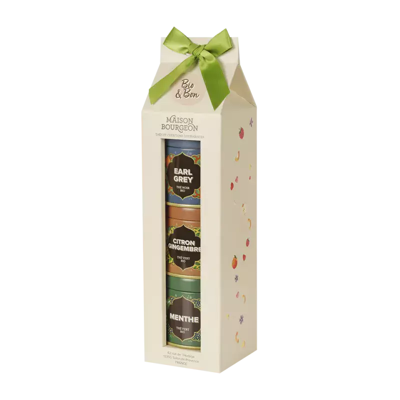 Coffret cadeau "Bio & Bon" de la Maison Bourgeon, orné d'un ruban vert. Le coffret contient trois thés bio : Earl Grey (thé noir), Citron Gingembre (thé vert), et Menthe (thé vert), présentés dans des boîtes élégantes. Sur le côté de l'emballage, de petites illustrations de fruits et de plantes ajoutent une touche de couleur et de fraîcheur. Idéal pour offrir une sélection de thés bio aux saveurs variées et authentiques.