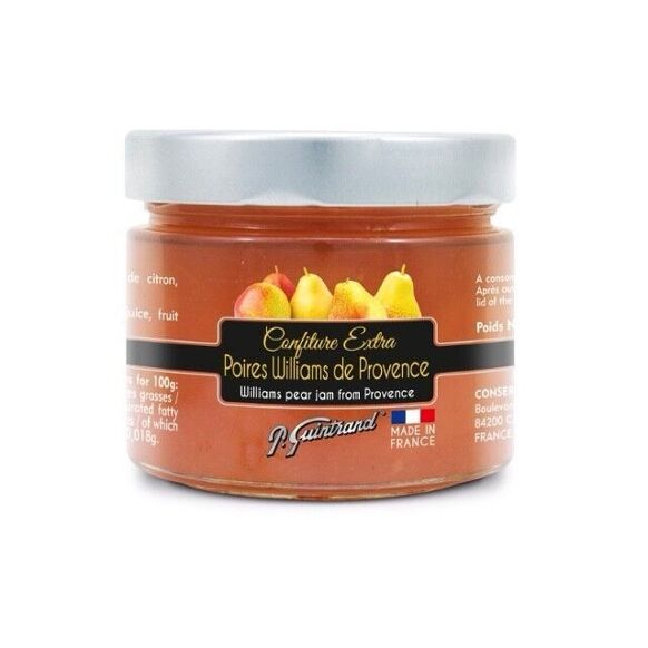 Un pot de confiture extra de poires Williams de Provence, de la marque J. Guinand. Le pot est transparent avec un couvercle métallique argenté, mettant en valeur la confiture orange-brune à l'intérieur. L'étiquette présente une illustration de poires Williams sur fond noir, avec des informations en français et en anglais. Le produit est fabriqué en Provence, France.