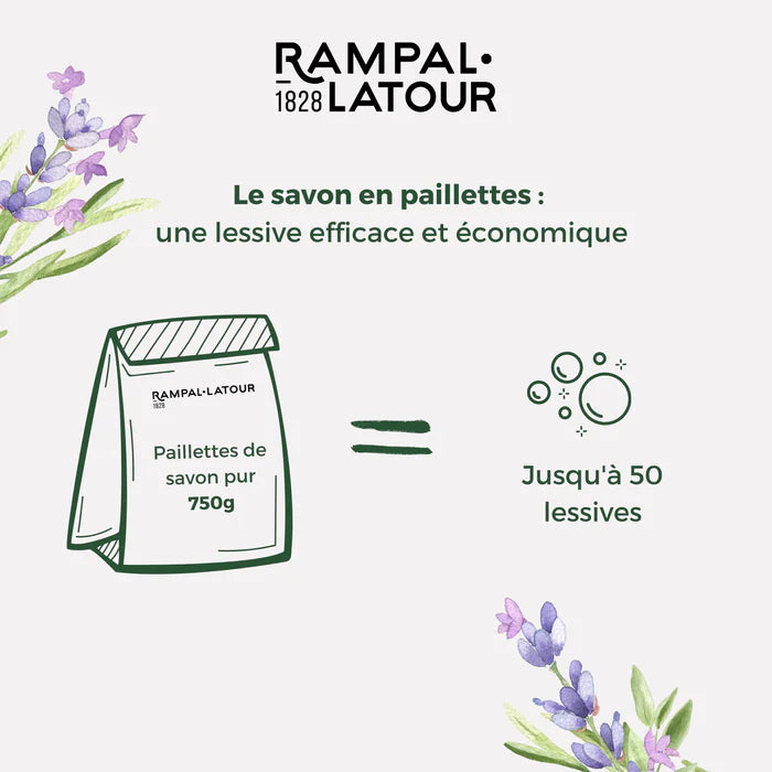 Une illustration représentant un sac de paillettes de savon pur de la marque Rampal Latour (750 g), accompagné de texte indiquant qu'il permet d'effectuer jusqu'à 50 lessives. L'image est décorée de fleurs de lavande à gauche et à droite, avec un style graphique épuré. Le texte souligne que le savon en paillettes est une lessive efficace et économique.