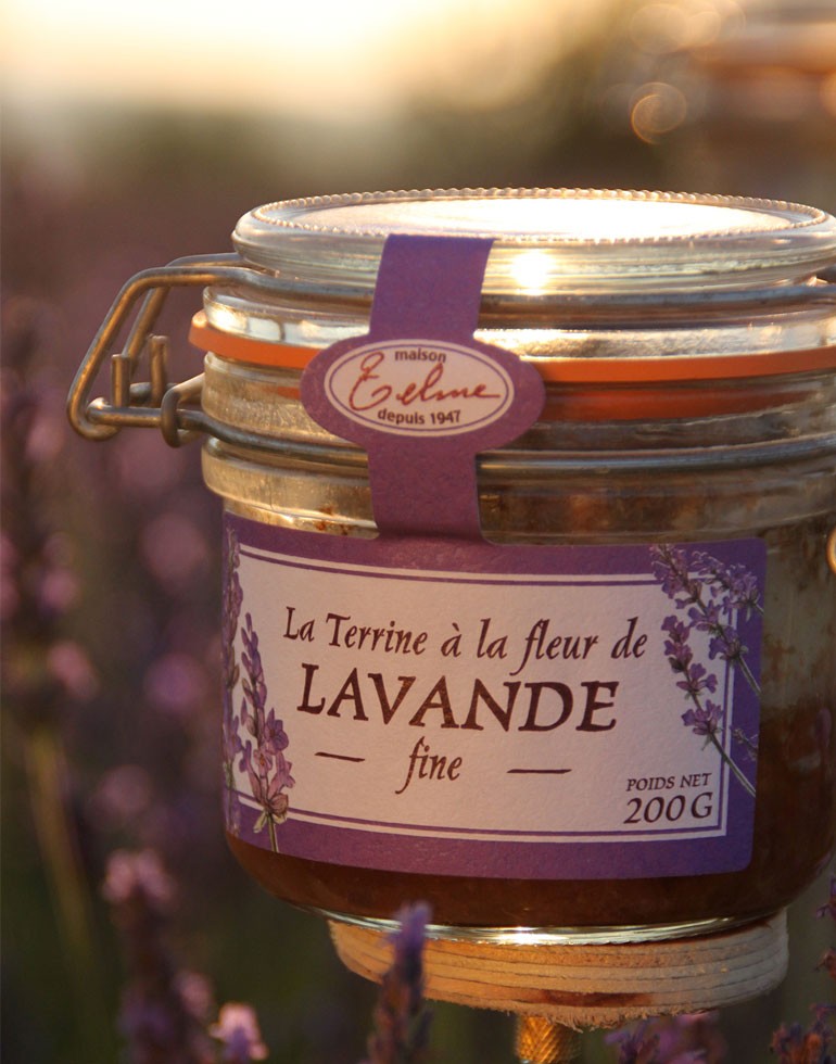 Pot en verre de 200 g de terrine artisanale à la fleur de lavande fine, produit par la Maison Telme. Le pot, avec un système de fermeture métallique, est surmonté d’un couvercle en verre cerclé d’une languette violette portant le logo "Maison Telme depuis 1947". L'étiquette principale, également violette, affiche une illustration de brins de lavande sur les côtés et les mots "La Terrine à la fleur de lavande fine". Le pot est posé dans un champ de lavande, capturé au coucher du soleil.